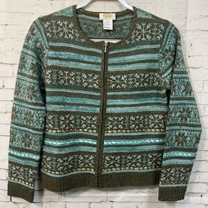 Talbots Petites Lambs Wool Size Small Full Zip Sweater Green Blue Cardigan
